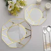 10 Pack | 10" Clear / Gold Geometric Design Plastic Dinner Plates, Disposable Octagon Party Plates