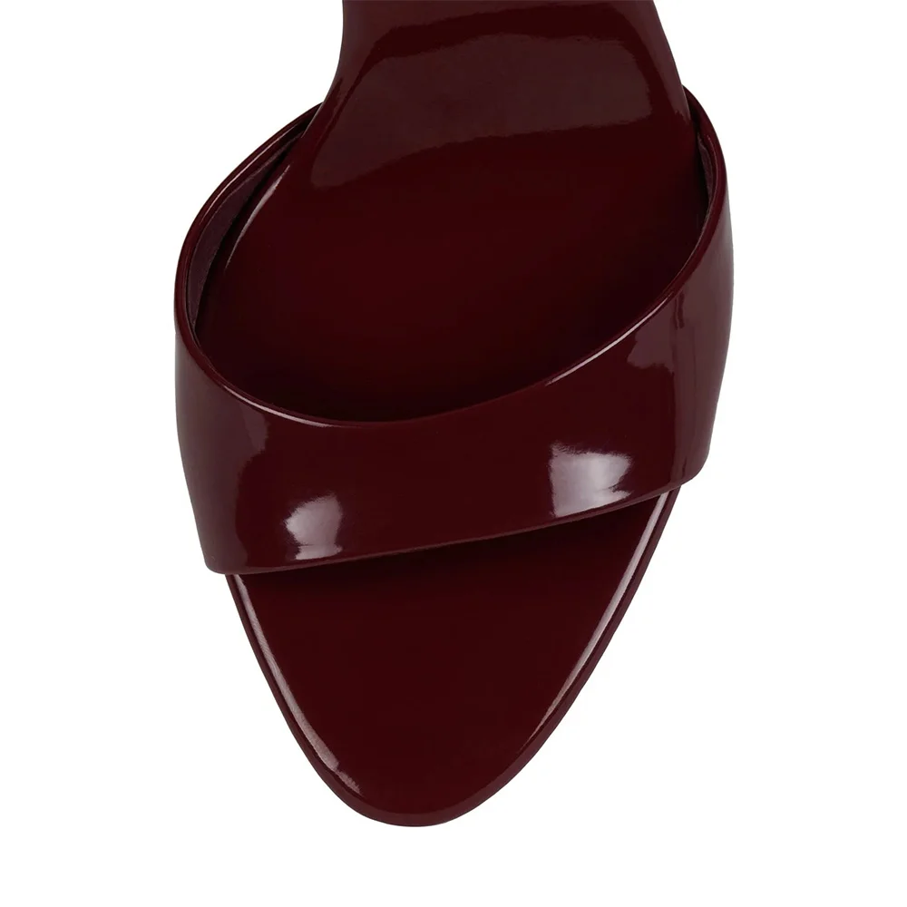 Maroon Patent Leather Round Toe Stiletto Heel Slip On Mules Sandals