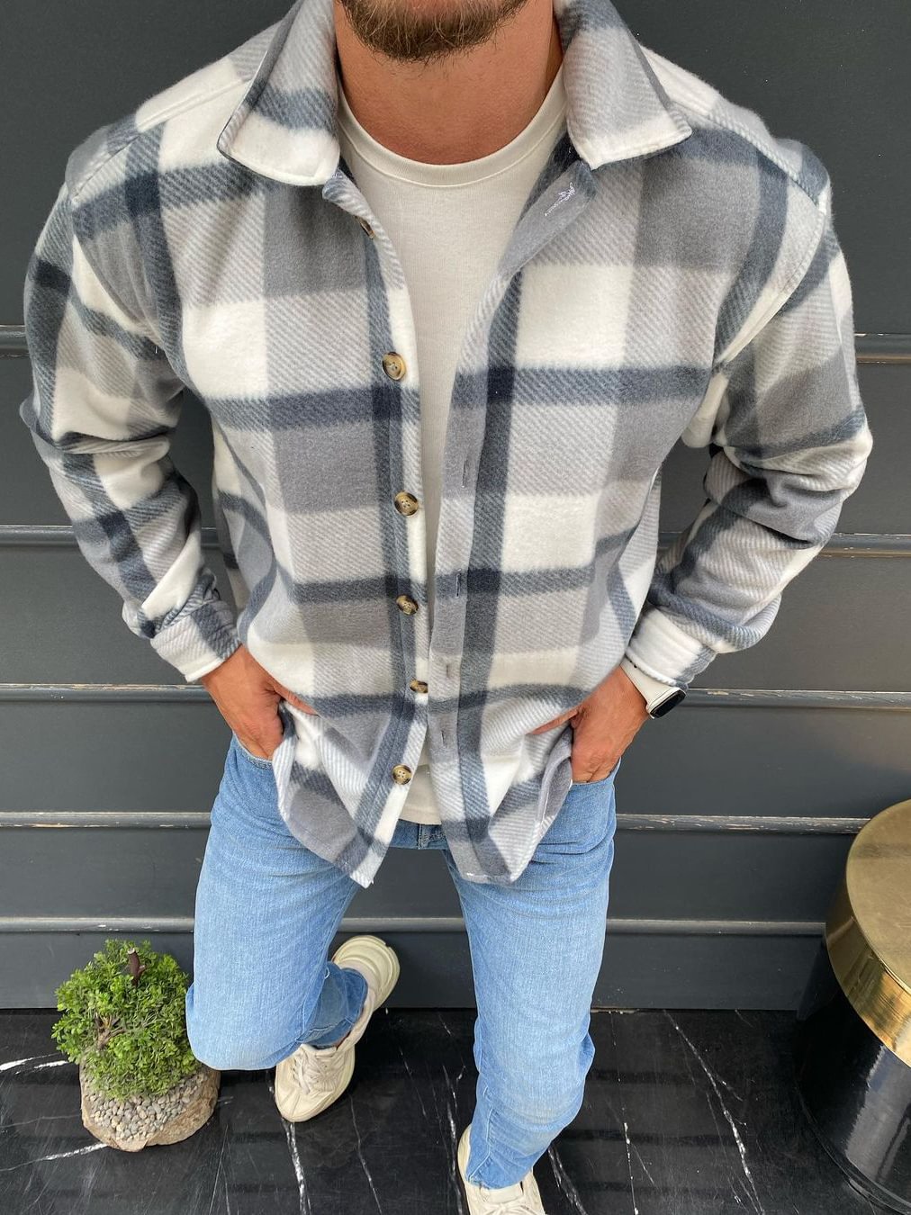 🔥Sale🔥Long Sleeve White And Gray Plaid Jacket