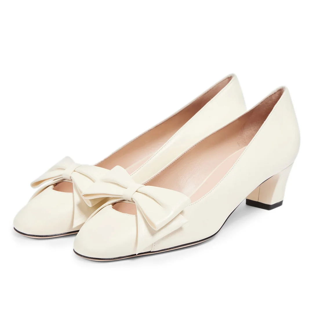 YDN Elegant Beige Vegan Leather Bow Decor Square Toe Pumps Heels