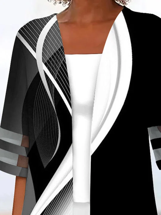 Women Half Sleeve Scoop Neck Striped Printed Colorblock Two-Pieced Tops