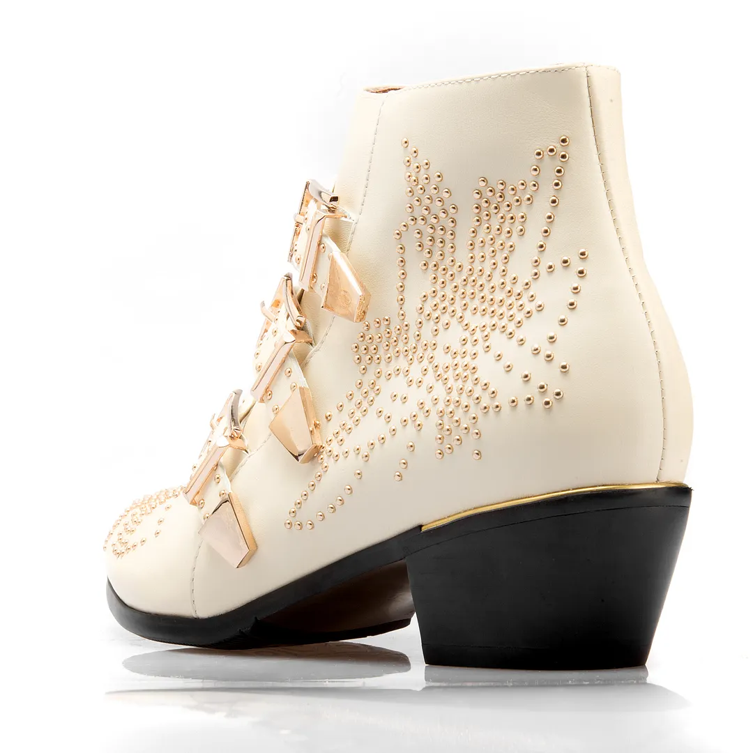 Women's Rivets Metal Buckle Low Heels Ankle Boots-vocosishoes