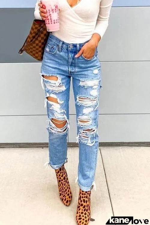Ripped Straight Mid Waist Jeans