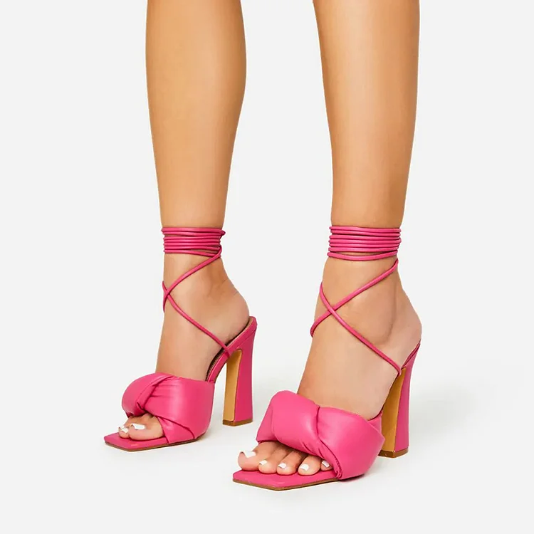 Pink Square Toe Strappy Chunky Heels Puffy Sandals Evening Shoes |FSJ Shoes