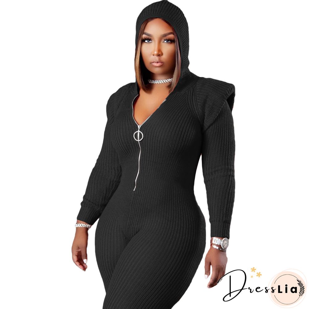 Knitted Long Sleeve Shoulder Padded Hooded Jumpsuit
