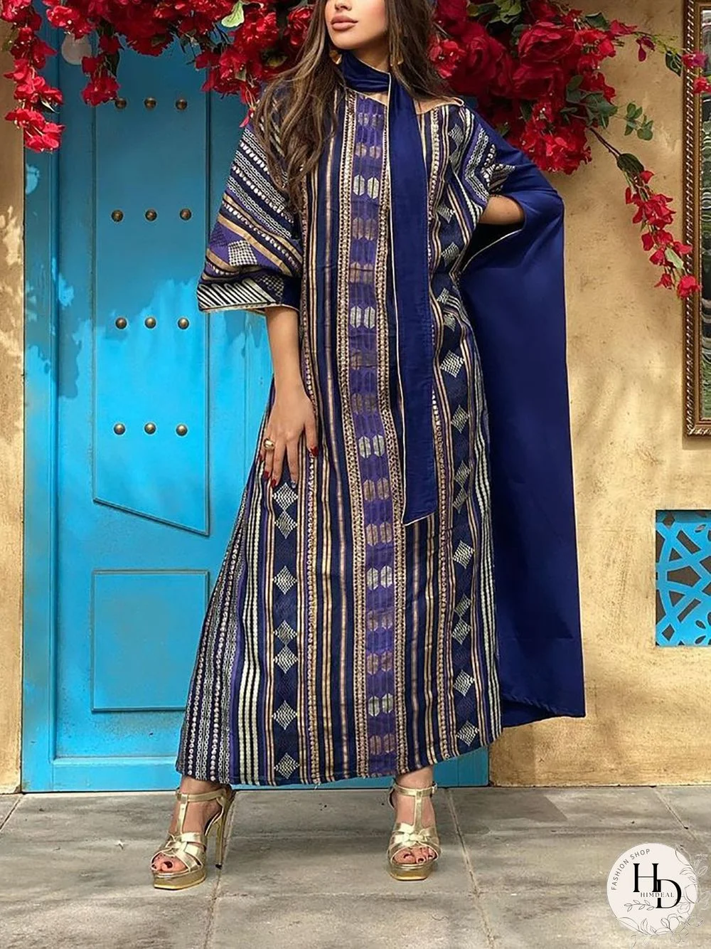 Blue Elegance Hollow Shoulder Kaftan