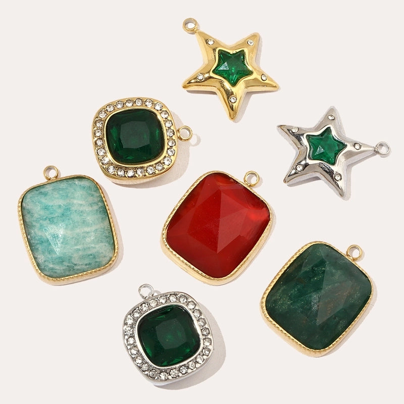 3 PCS/Package 13 * 15mm 14*18MM 15*17mm Titanium Steel Natural Stone Rhinestones Zircon Pentagram Square Pendant Jewelry Accessories