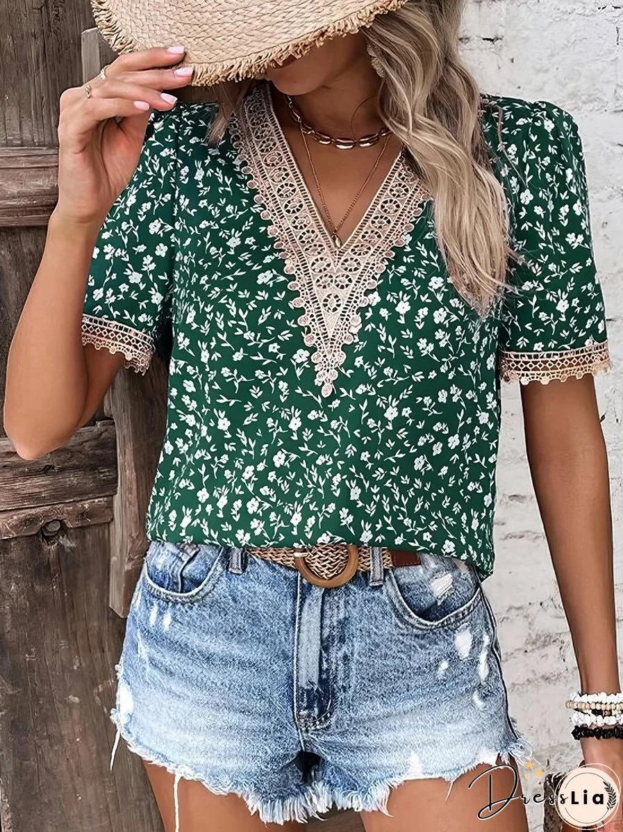 Fashion Floral Print Lace Collar Short Sleeve T-Shirt