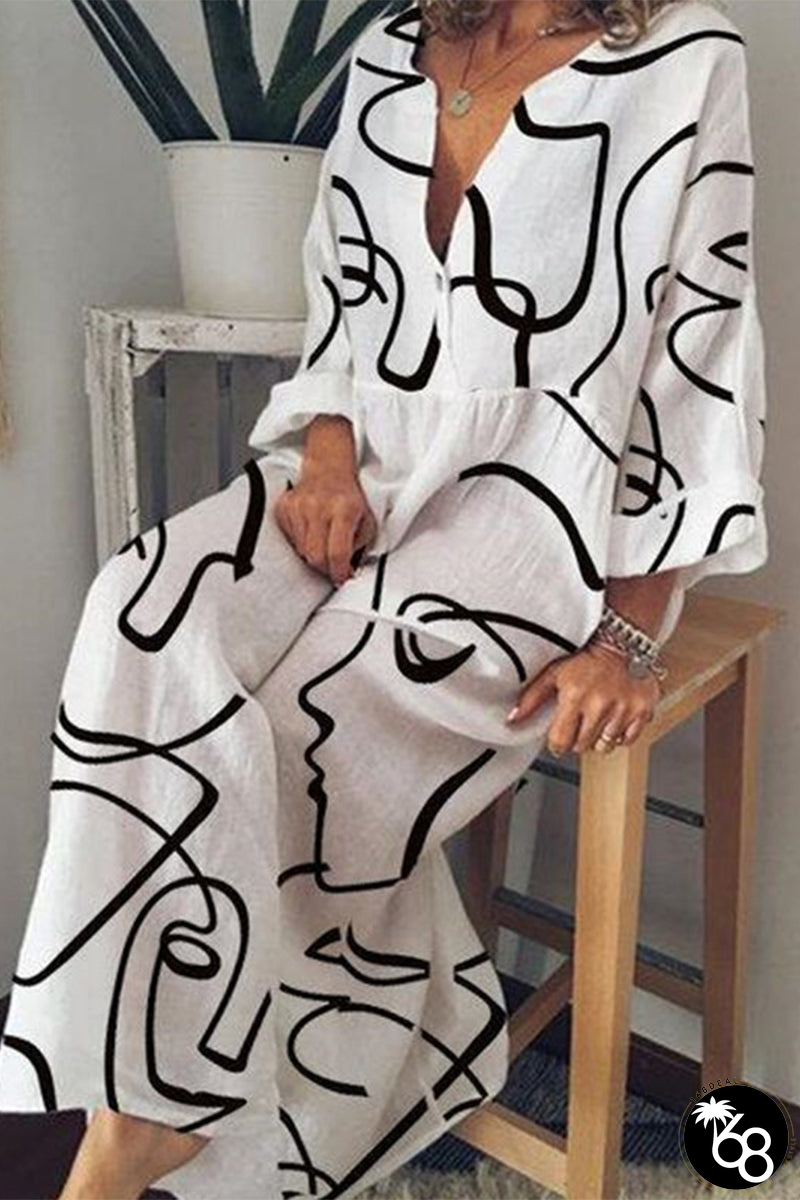 Casual Geometric Print V Neck Dresses | 168DEAL