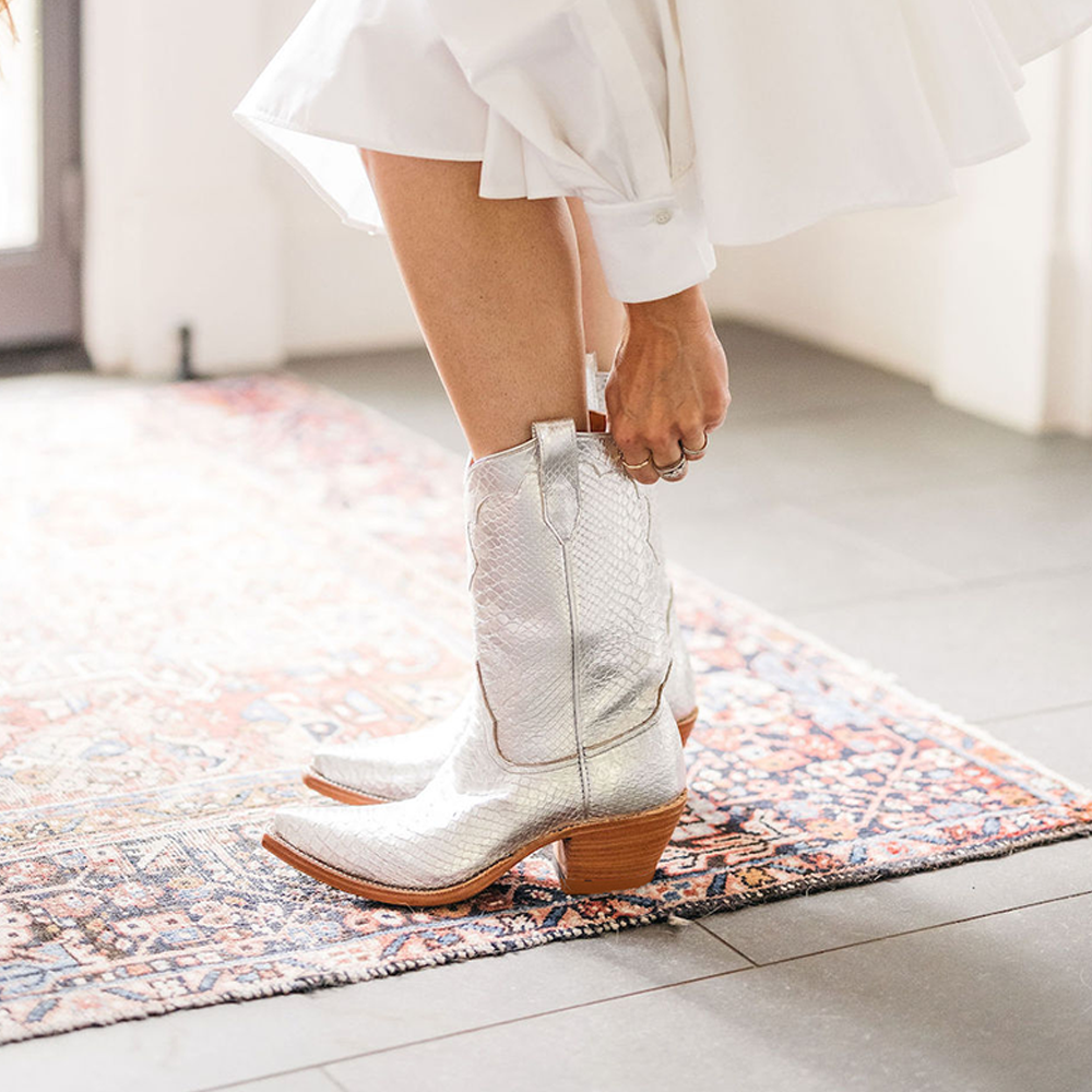 Silver Pointed Toe Chunky Heel Mid Calf Cowgirl Boots
