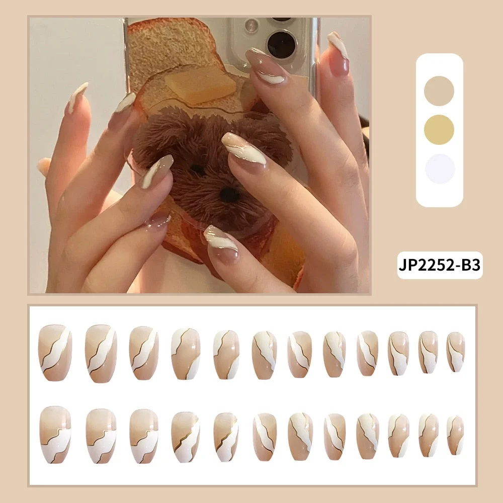 24PCS Nude Color Fake Nails With Black Grids Press On False Detachable Full Cover Artificial Tips Nail Art DIY Manicure No Glue-Nail Inspo