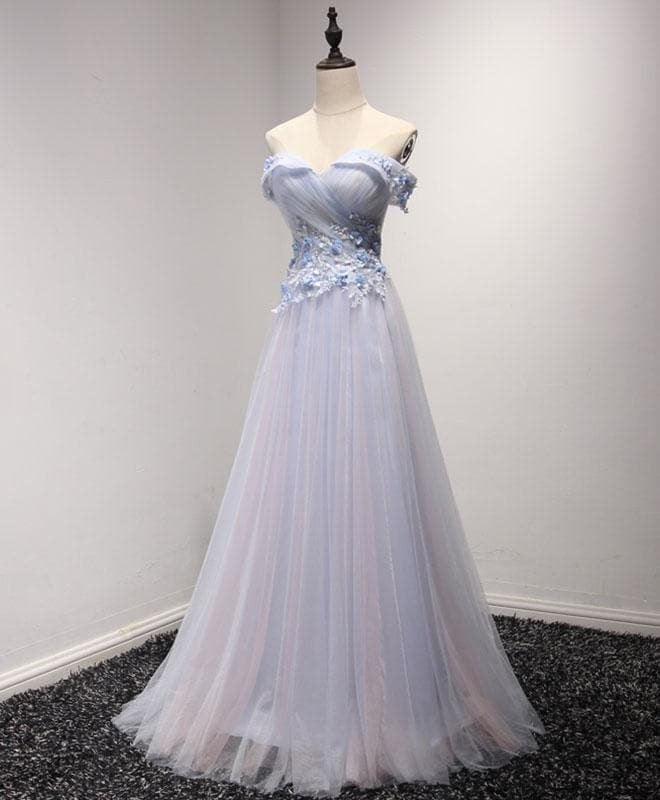 Light Blue Tulle Lace Long Prom Dress, Lace Evening Dress SP15874