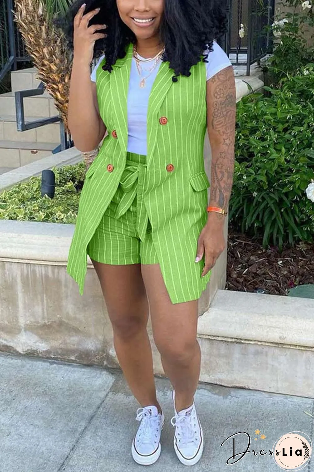 Casual Stripe Print Vest Jacket Shorts Set