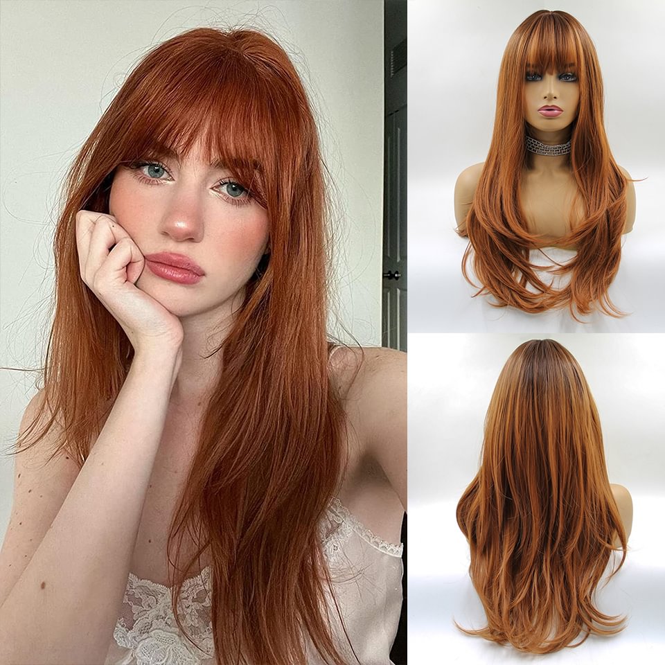 Long Straight Synthetic Wigs with Bangs Red Brown Copper Ginger Wigs for Women Heat Resistant Cosplay Hair Machine Made Wig US Mall Lifes