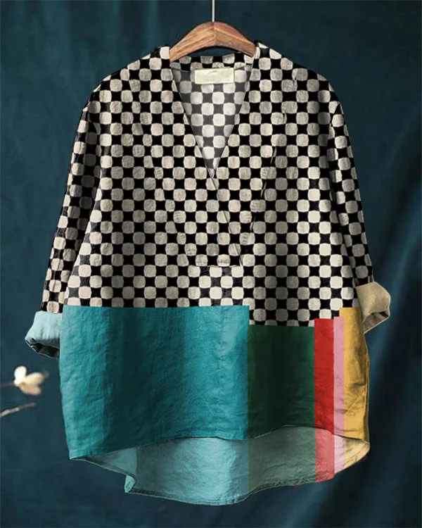 Vintage Checkerboard Abstract Art Print Loose V-Neck Cotton and Linen Shirt
