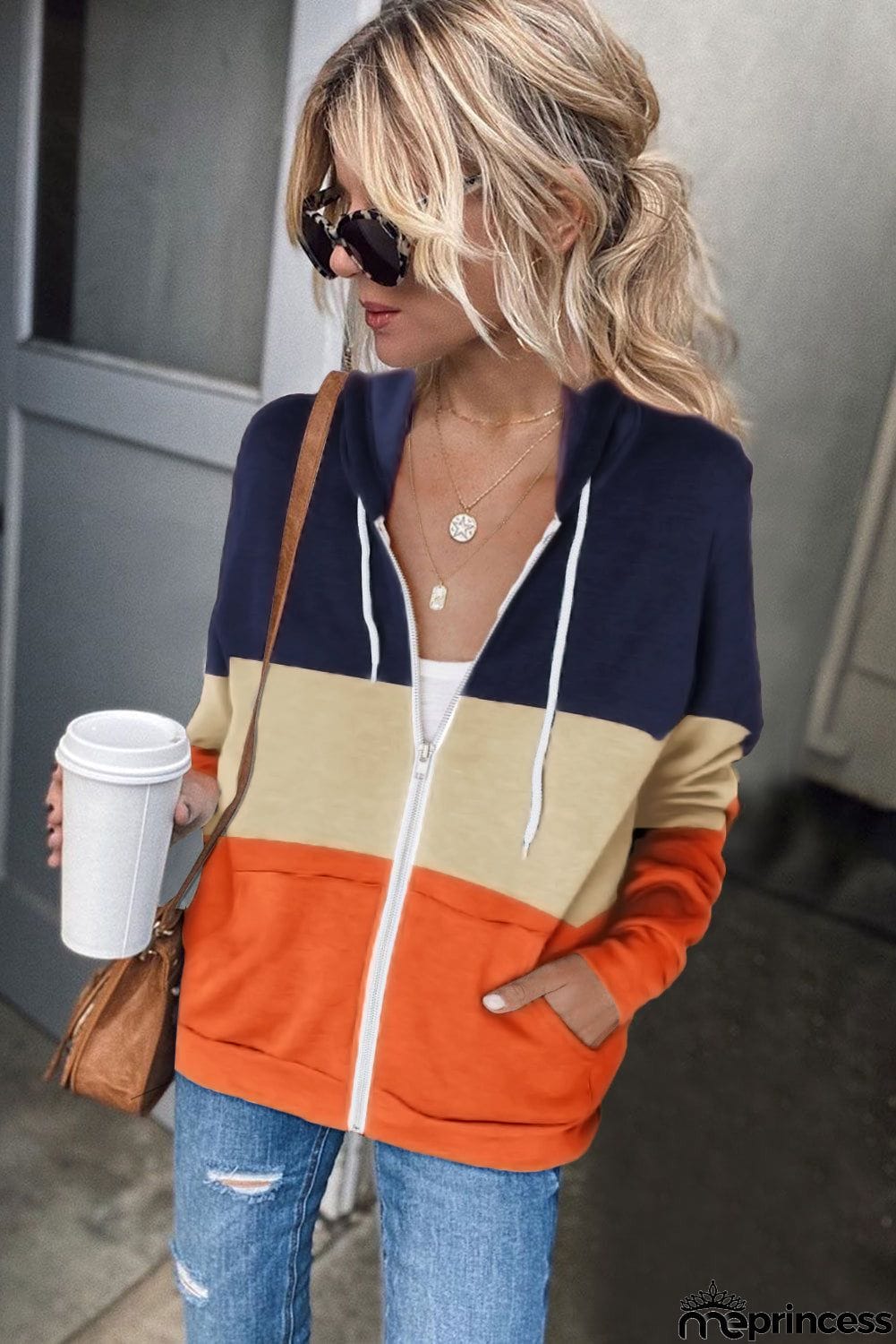 Zip Front Color Block Splicing Drawstring Hoodie