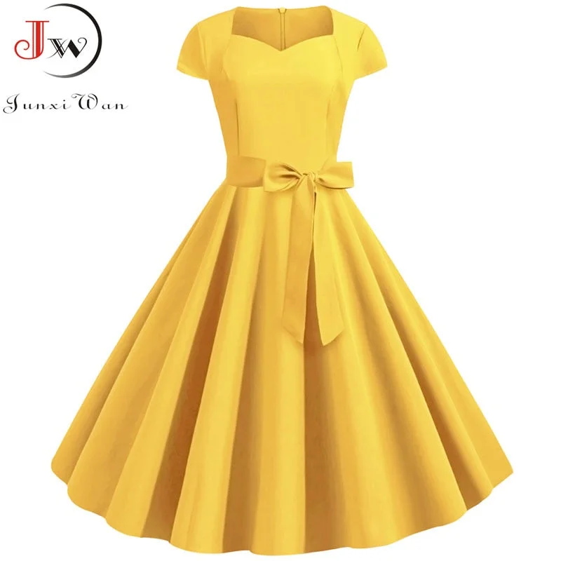 Summer Vintage Dress Robe Femme Women Solid Red Black Square Collar Retro Rockabilly Party Dresses Belt Vestidos