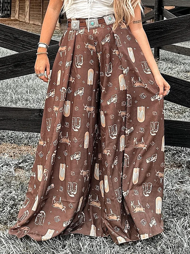 Retro Brown Western Print Wide-Leg High-Waisted Pants