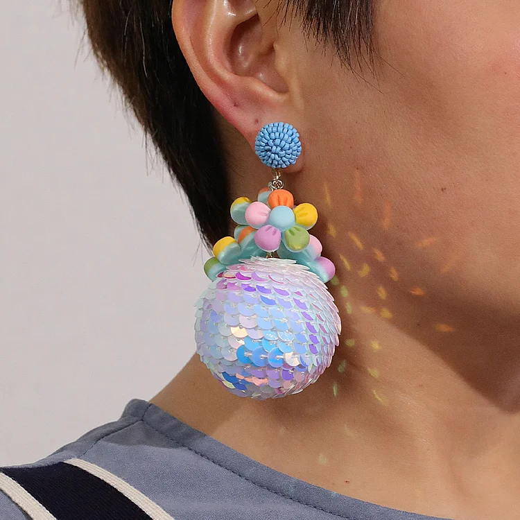 Party Sphere Pendant Sequin Long Earrings-Multicolor