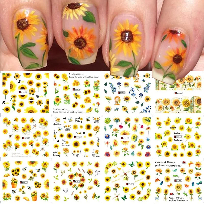 12 Designs Nail Stickers Set Mixed Floral Geometric Nail Art Water Transfer Decals Sliders Flower Leaves Manicures Decoration-Nail Inspo