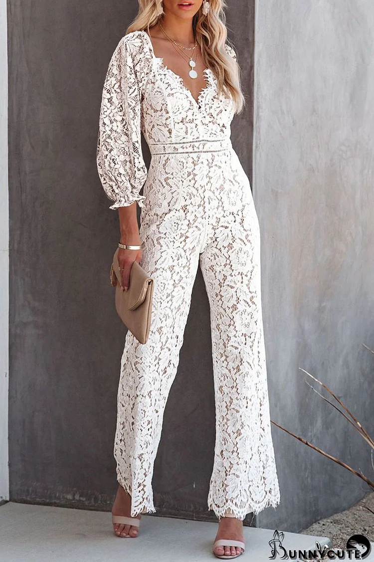 Embroidery Lace V Neck Regular Jumpsuits