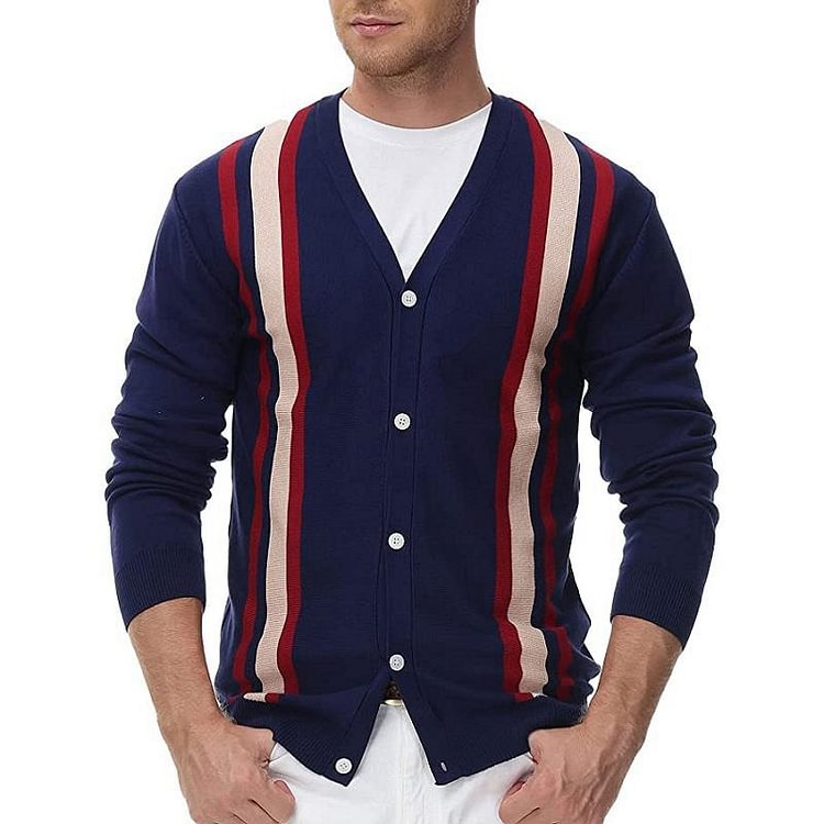 BrosWear Men's Striped Jacquard V-Neck Sweater