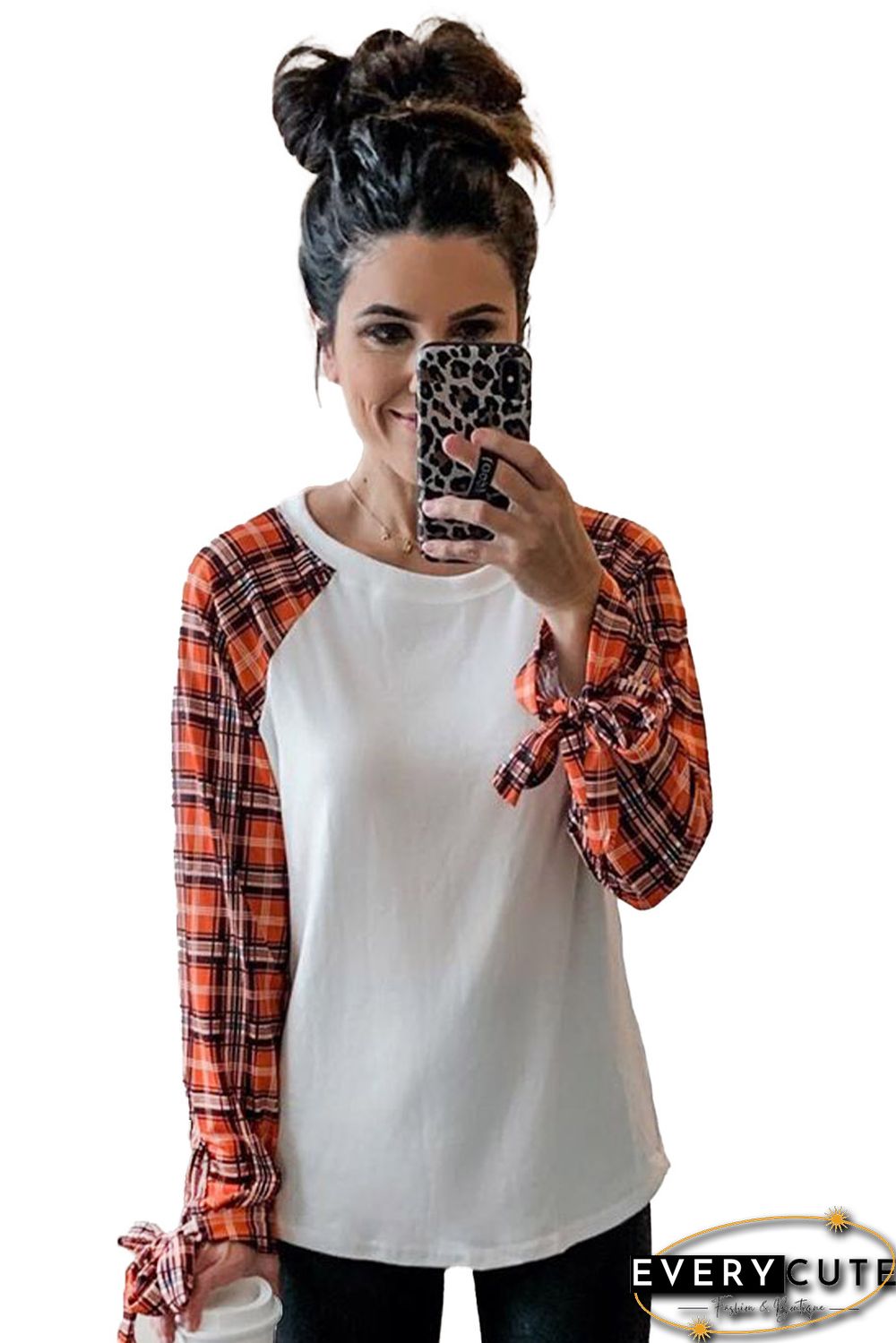 White Plaid Patchwork Long Sleeve Top with Cuff Bow