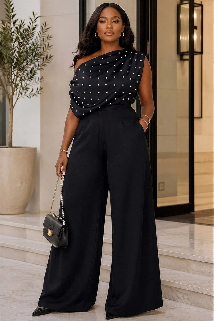 Xpluswear Design Plus Size Cocktail Party Black Oblique Collar Short Sleeve Pocket Pearls Satin Jumpsuits [Pre-Order] 2024 - Xpluswear
