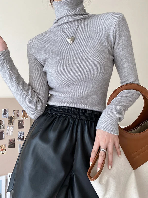 Simple Skinny Long Sleeves Solid Color High-Neck Pullovers