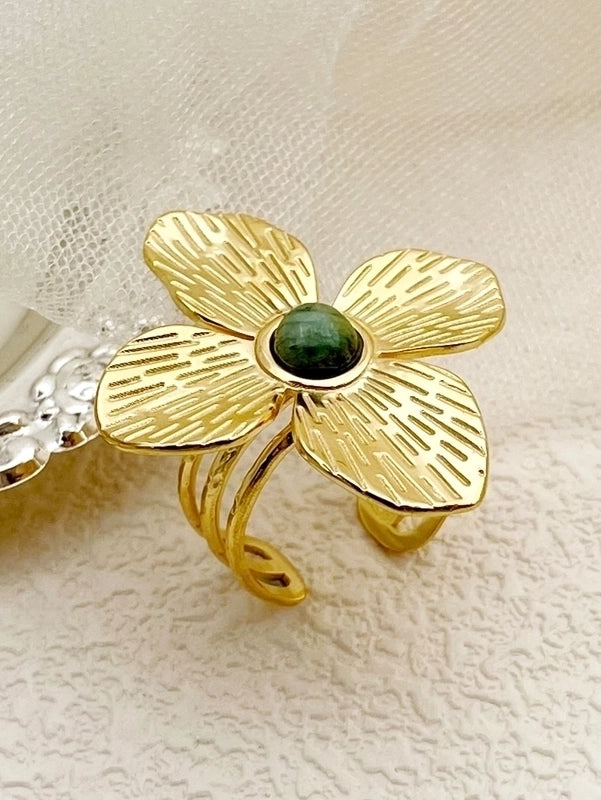 304 Stainless Steel 14K Gold Plated Glam Roman Style Plating Inlay Flower Turquoise Open Ring