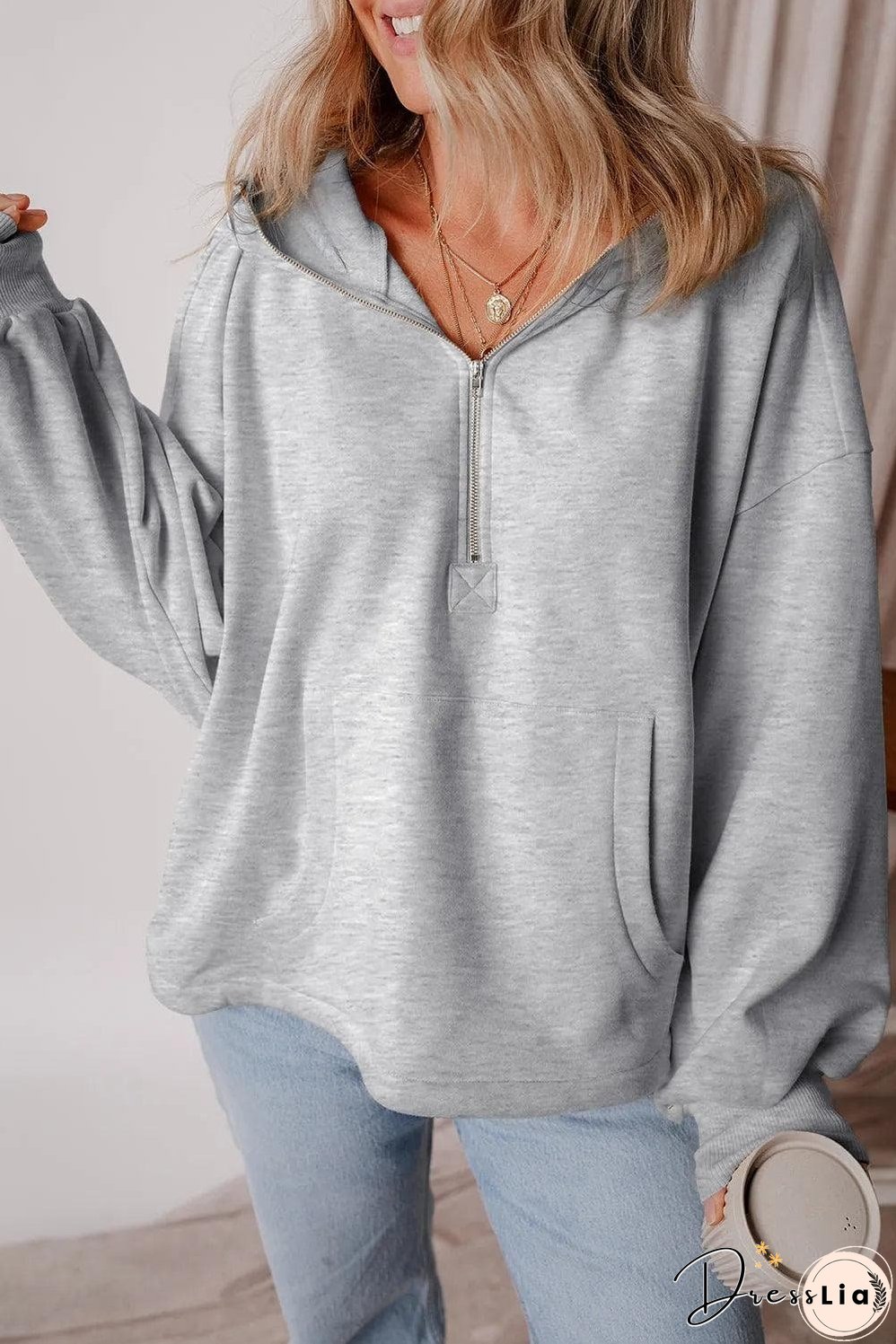 Light Grey Fleece Lined Half Zipper Kangaroo Pockets Loose Hoodie