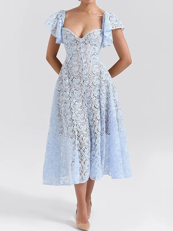 Flower Lace Ruffled Sleeves Elegant Maxi Dresses