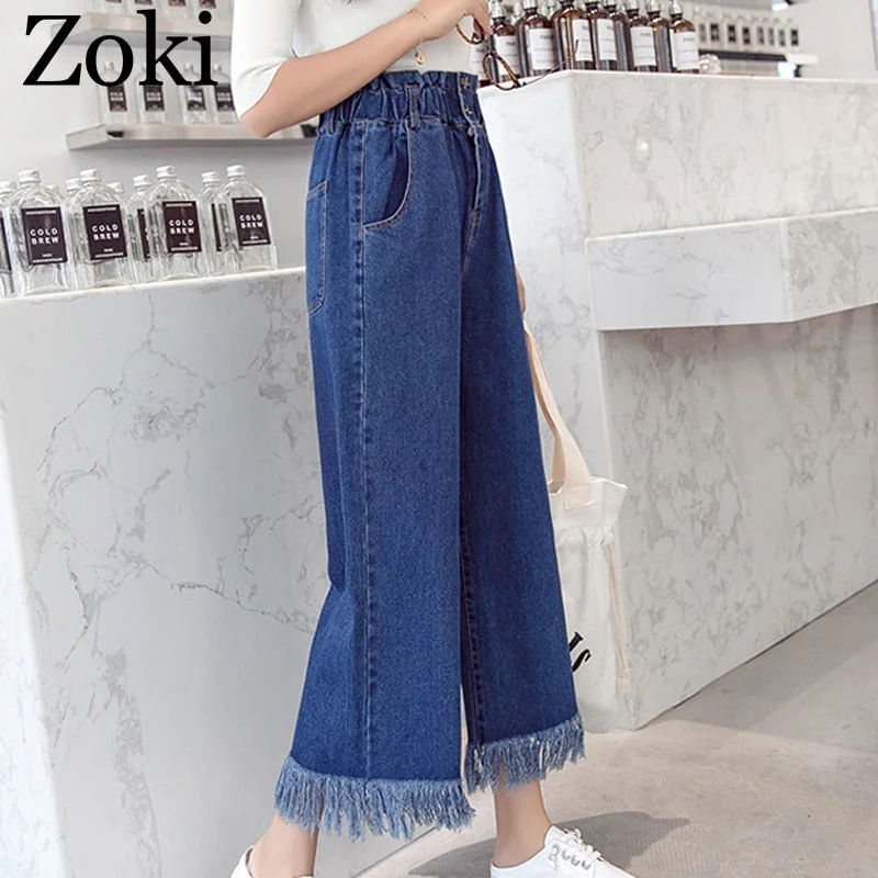 Zoki Spring Plus Size Women Jeans Tassel High Waist Elastic Ankle-Length Denim Pants Fashion Loose Wide leg Female Jeans S-5XL