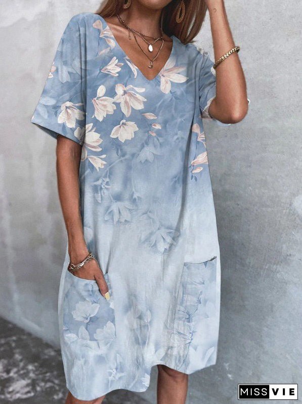 Women's Dresses V-Neck Print Pocket Short Sleeve Dress