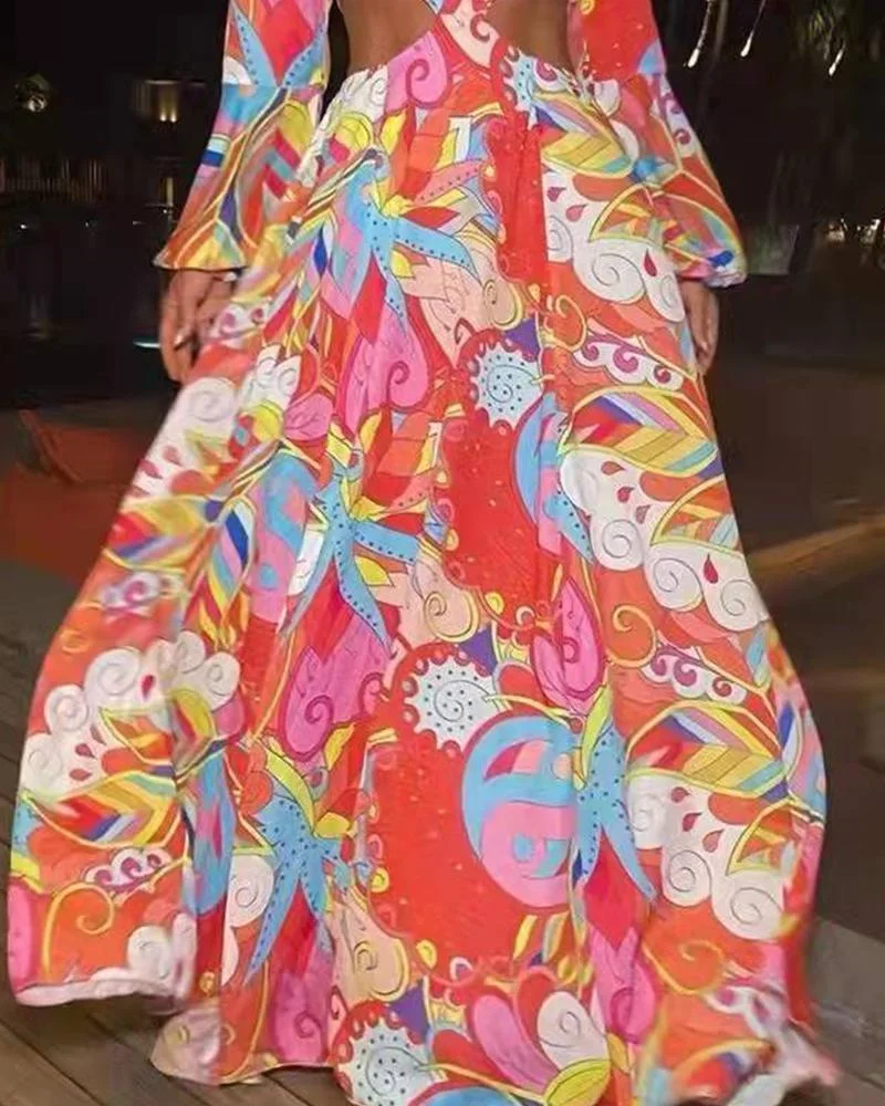 Leaf Print Long Sleeve Dress