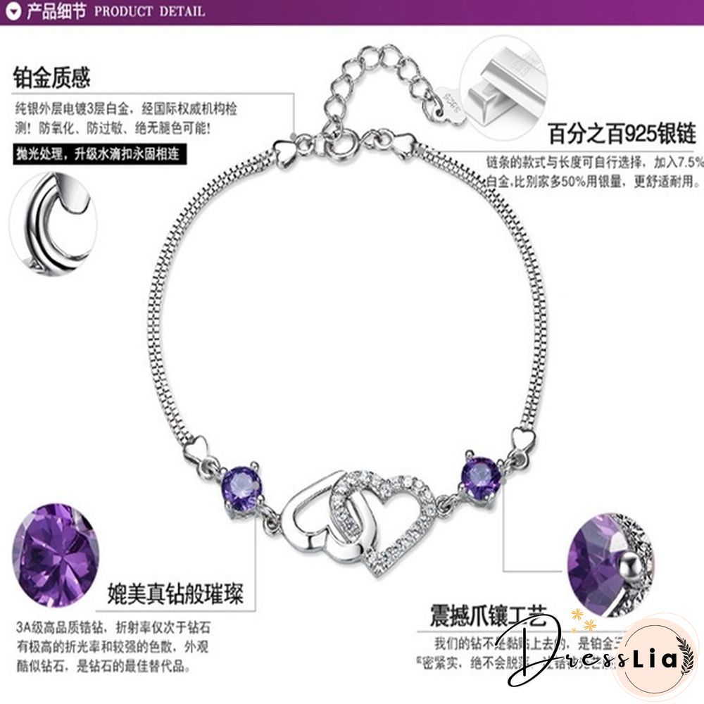 925 Silver Ladies Natural Amethyst Heart-shaped Bracelet Fashion Micro-inlaid Hollow Heart-shaped Zircon Bracelet