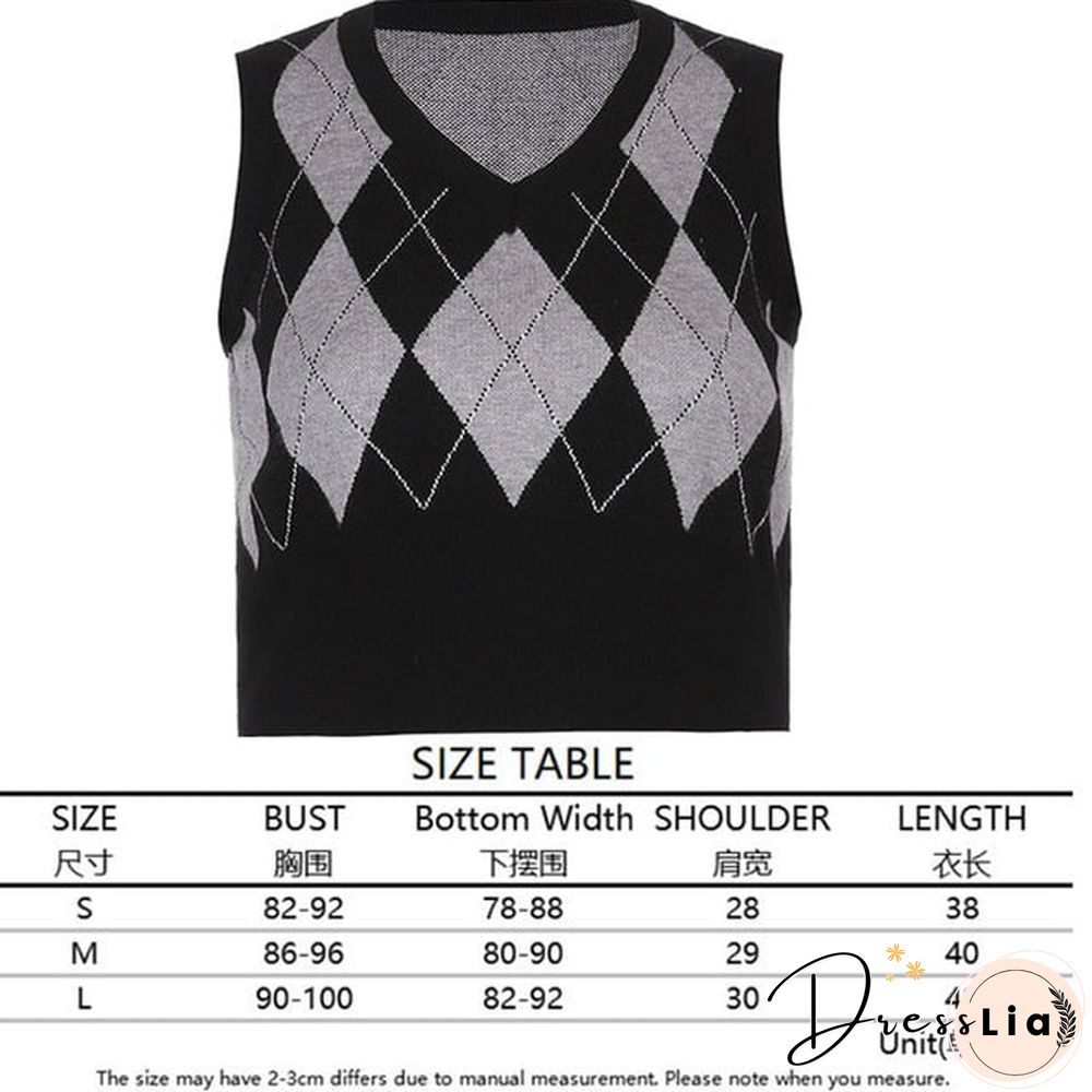 V Neck Vintage Argyle Sweater Vest Women Black Sleeveless Plaid Knitted Crop Sweaters Casual Autumn Preppy Style tops
