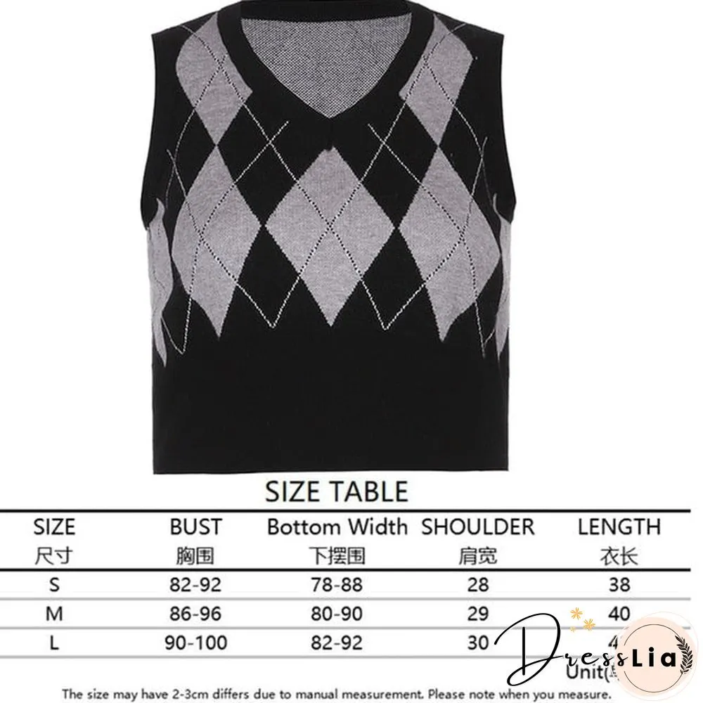 V Neck Vintage Argyle Sweater Vest Women Black Sleeveless Plaid Knitted Crop Sweaters Casual Autumn Preppy Style tops