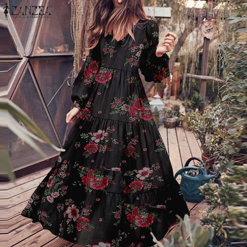 Womens Autumn Long Dress ZANZEA V Neck Ruffle Dress Vintage Floral Printed Vestidos Fashion Puff Sleeve Robe Femme