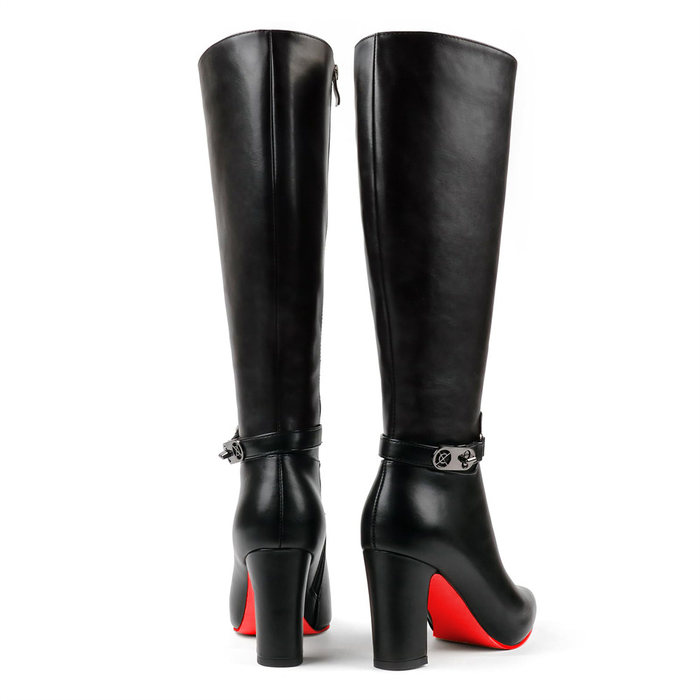 3.35" Women's Knee Red Bottom Boots Block Chunky Heels Zipper Fashion Sexy Boot-MERUMOTE