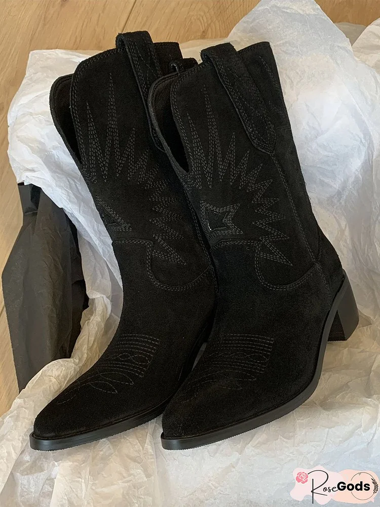 Vintage Pointed Toe Block Heel Embroidered Sleeve Cowboy Boots