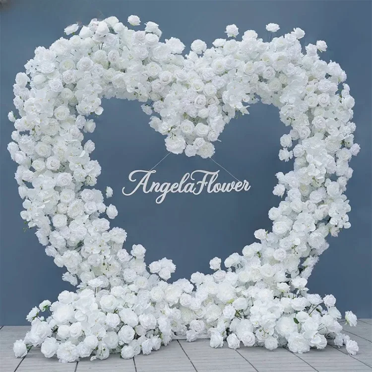 A8738 White 5D Flower Arrangement Wedding Backdrop Heart Shaped Frame