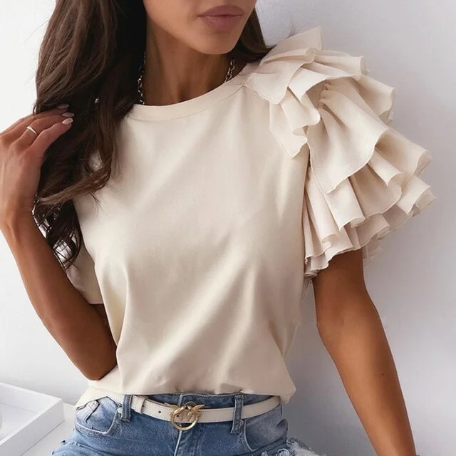 2021 Summer Short Sleeve Women Blouse Fashion Casual O-Neck Solid Ruffle Tops Elegant Office Ladies Spring Blouses Pullover H61