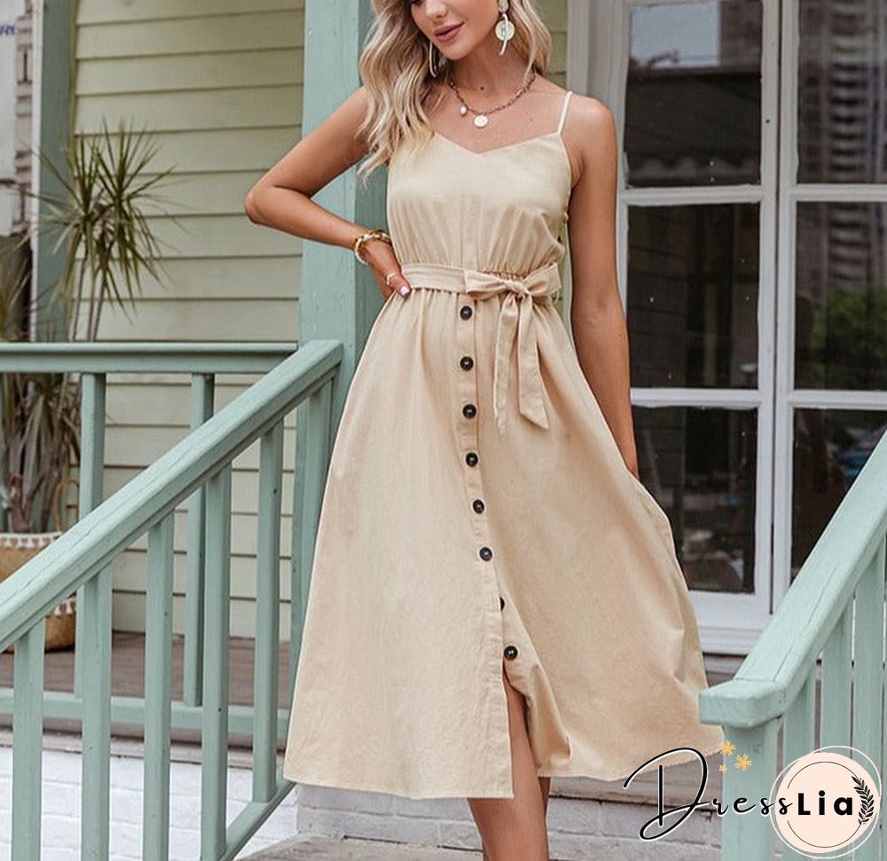 Casual Polka Dot Dress Sleeveless Holiday style high waist buttoned women's Dress Fashion Mid-length summer dresses NEW