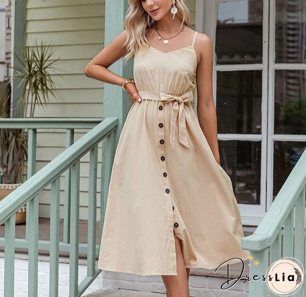 Casual Polka Dot Dress Sleeveless Holiday style high waist buttoned women's Dress Fashion Mid-length summer dresses NEW