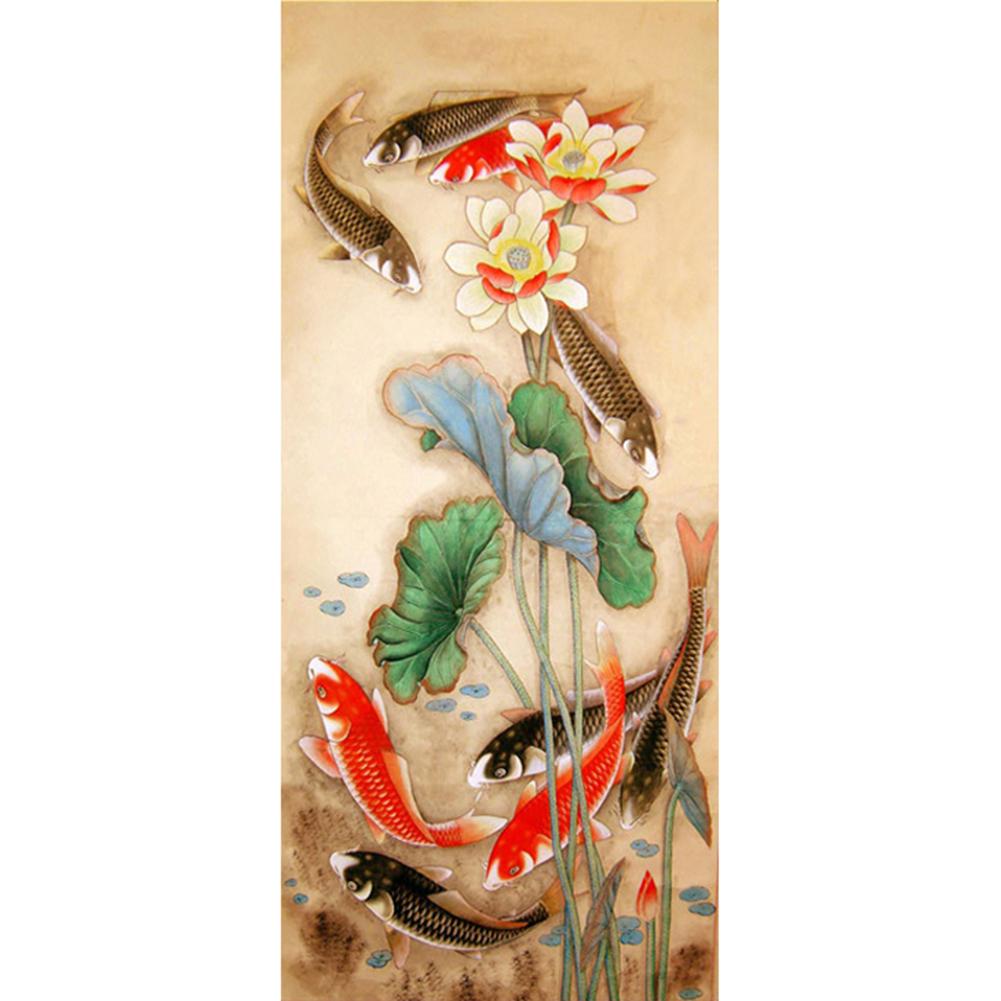 

40x85cm Round Drill Diamond Painting-Fishes Gather Lotus, 501 Original