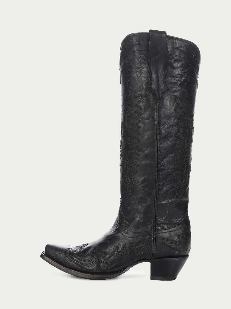 Black Distressed Vegan Leather Snip Toe Embroidered Wide Calf Knee High Cowgirl Boots