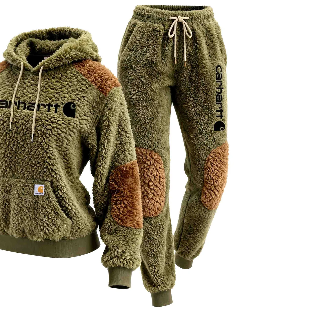 Women's Vintage Embroidered Fleece Olive Green Color Block Pocket Hoodie And Sweatpants Jogger Set