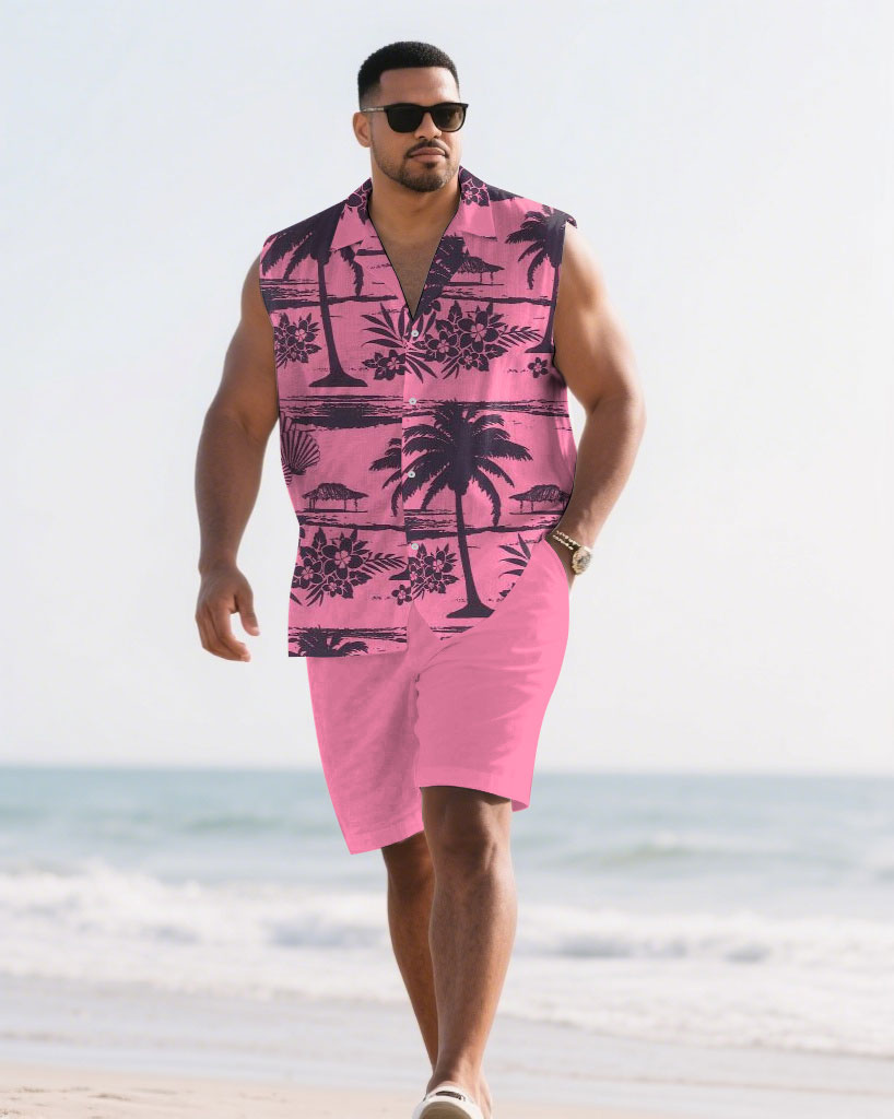 Hawaiian Men's Plus Size-Pink Coconut Tree Silhouette Print Waistel Shirt Shorts Suit