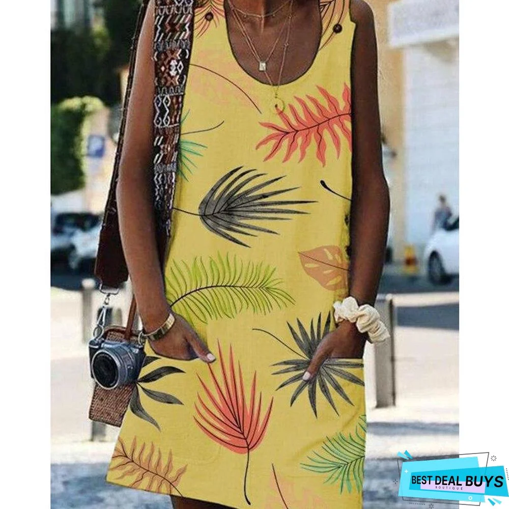 Flower print sleeveless women dress Summer casual mini beach dress with pocket Straight dresses female vestido festa